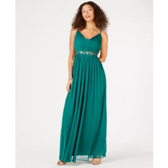 NWT Teeze Me Juniors' Beaded Grecian Gown, Emerald